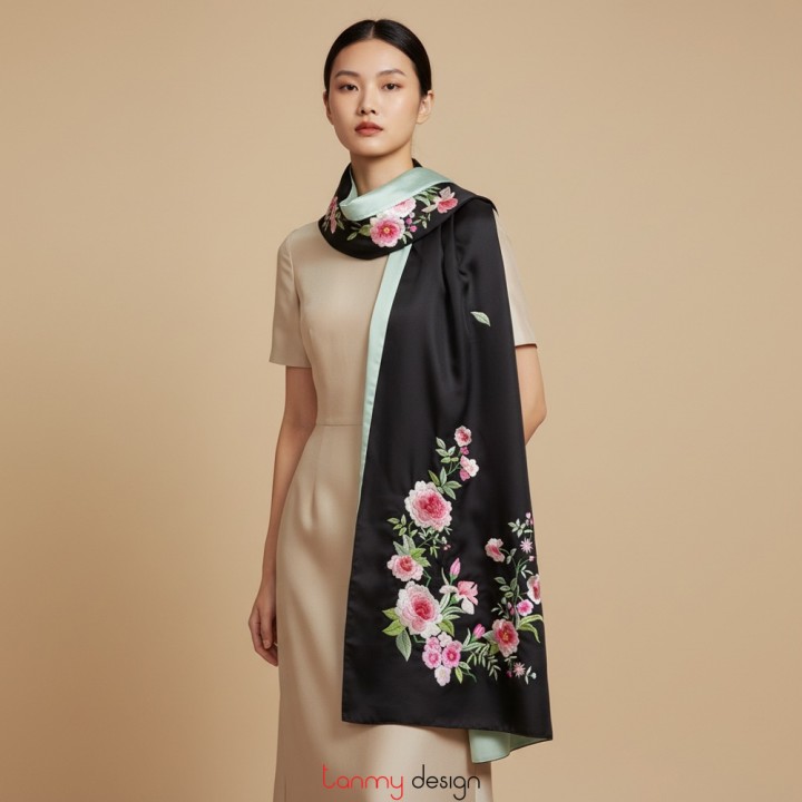 Khăn lụa 2 mặt đen thêu hoa và lá 55*200 cm - mẫu 10